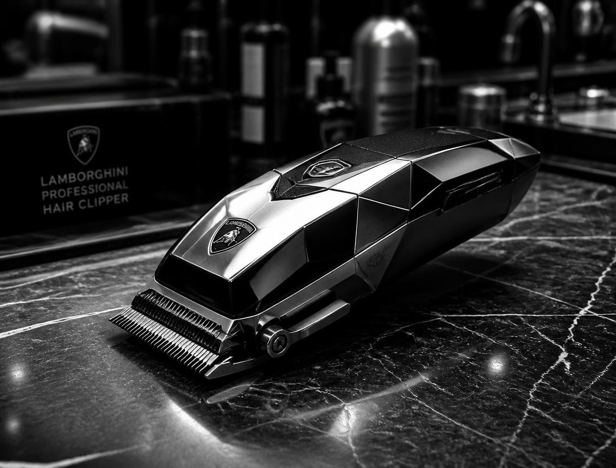 Lamborghini professional hair clipper on a marble barbershop counter